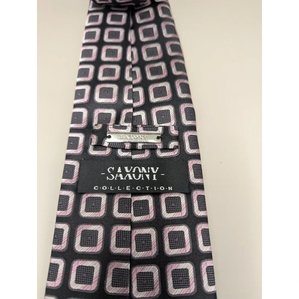 Saxony Collection Men's 100% Silk Tie Black Pink Geometric Square Necktie